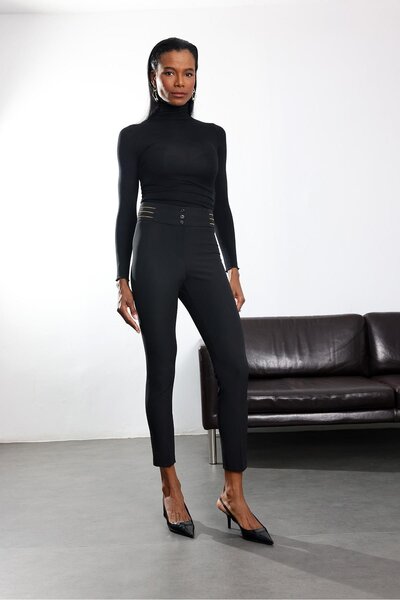 5in1Canpolat Black Zipper Detailed Cigarette Pants 2086