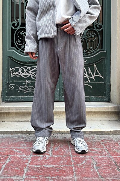 Flaw Wear Striped Vintage Fabric Trousers Gray