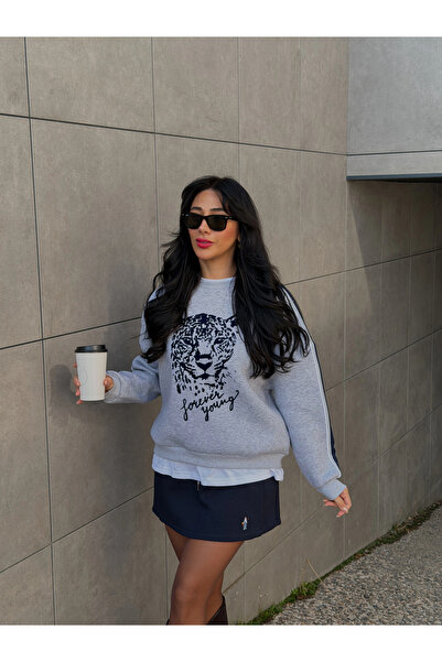 Myra Embossed Print Detailed Sweatshirt Gray Melange