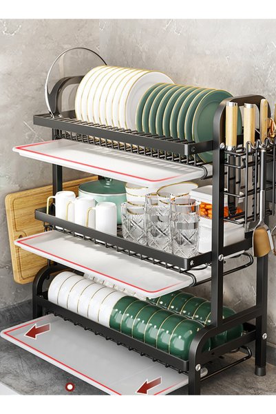 VOGMAX Dish Rack 3-Tier, Leak-Proof Drainboard & Utensil Holder Kitchen Organizer for Saudi Homes (Black)