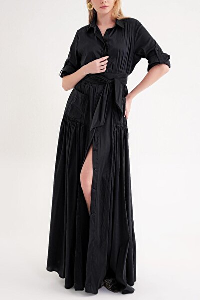 SOCIETA Siyah Büzgülü uzun gömlek elbise 94713