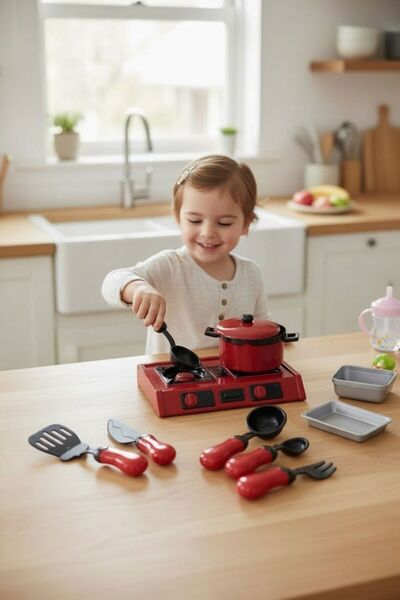 BYCEGU 370004 Red Kitchen Sets with Many Accessories, Toy Cooker and Set, 10 ...