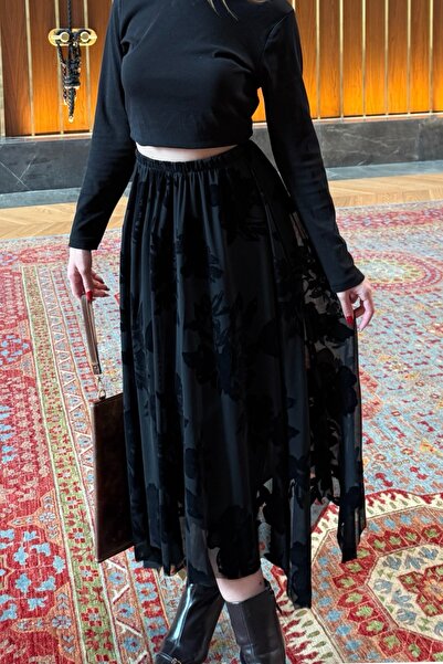 Ded COLLECTION Women's Floral Patterned Flock Printed Asymmetric Cut Midi Tul...