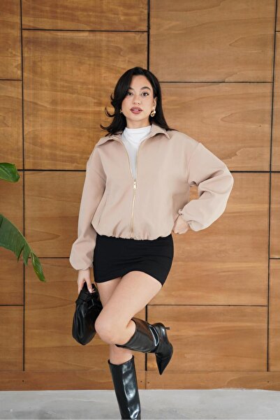 Nazline Women's Shirt Collar Pocketed Crop Bomber Jacket