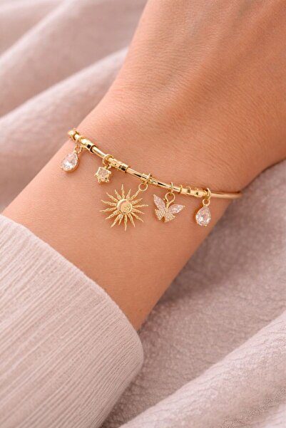 Belasso Altın Renk Çoklu Çharmlı Güneş Kelebek Ve Zirkon Taşlı Kadın Kelepçe ...