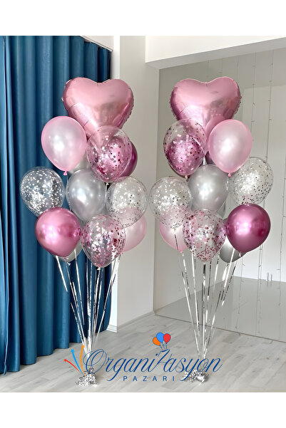 Organizasyon Pazarı Kalpli Pembe Pembe Konfetili Balon Buketi 20’li Helyum Uy...