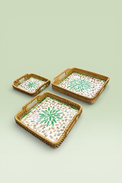 Evsun Home Collection 3-Piece Pearlescent Glass Rattan Tray Brown 28X28 25X25...