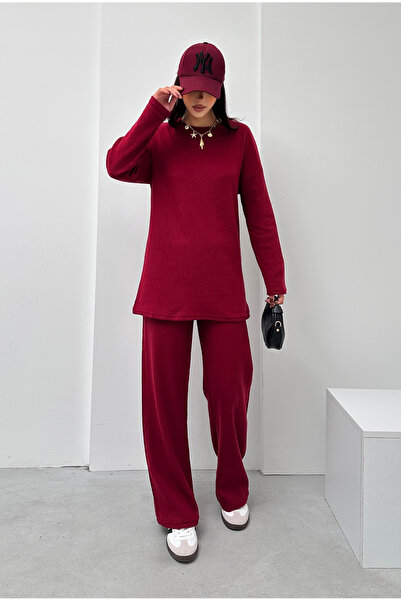 eyyebelle Women's Crew Neck Long Sleeve Tunic Pants Double Interlock Set