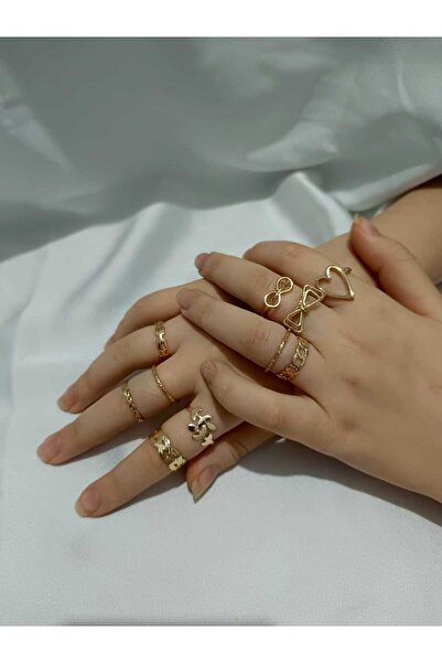 uyguntakıaksesuar Gold Color 10-Piece Multi-Ring Set – Adjustable with Heart,...