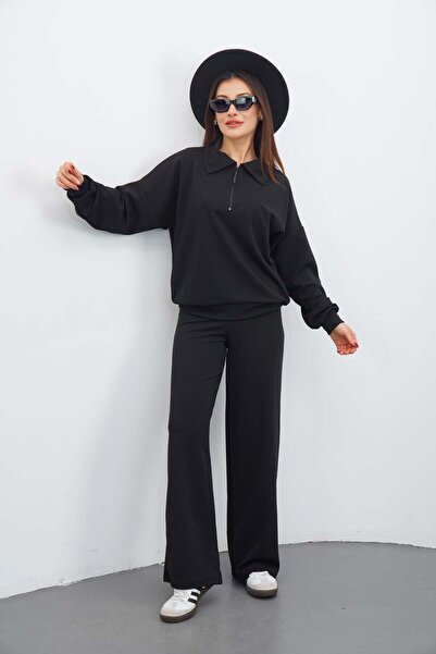 DI LORIA Kadın Siyah Oversize Fermuarlı Sweatshirt Pantolon Eşofman Takım
