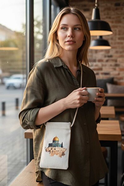 Malika KUDÜS BASKILI TELEFON ÇANTASI, Bez Çanta, Omuz Çantası, ,Kanvas Çanta