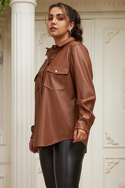 RMG Plus Size Camel Leather Shirt