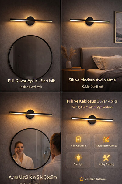 luxshome Yapışkanlı 9V Pilli LED Siyah Beyaz Işık Duvar Aplik 35 cm Tablo Ayn...