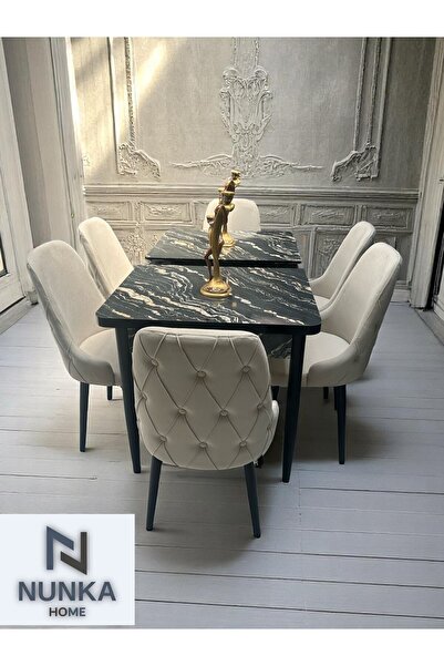 NUNKA HOME Şato Serisi Mutfak ve Salon Yemek Masası Takımı+6 Sandalyeli Siyah...