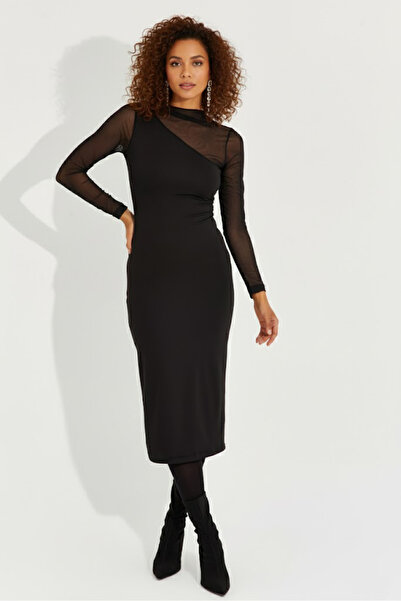 Sienza Women's Black Tulle Detailed Asymmetrical Midi Dress