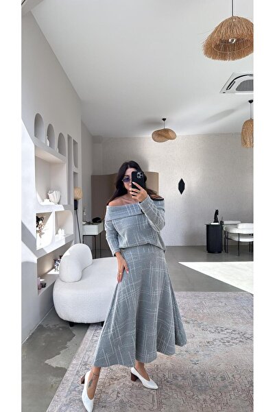 Buket Teke Gray Vertical Striped Patterned Madonna Soft Skirt Set