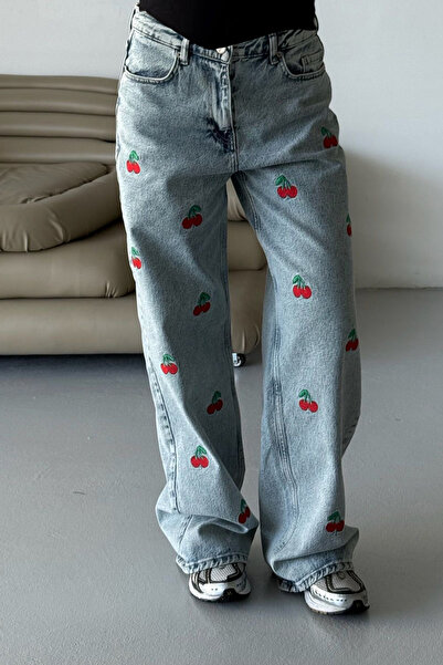 KOTOLOG Light Ice Blue Cherry Embroidered Women's Retro Baggy Jeans