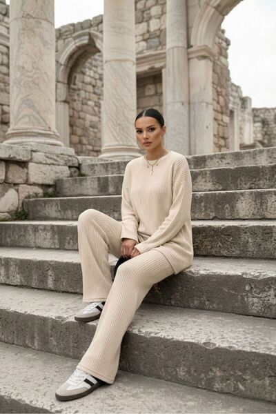 eyyebelle Women's Crew Neck Long Sleeve Tunic Pants Double Interlock Set