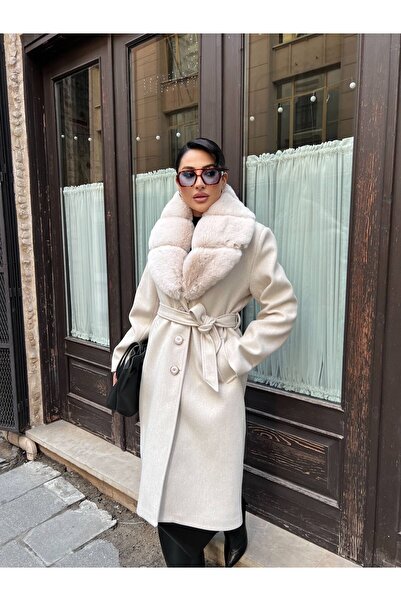 cottonage Premium Cashmere Coat with Detachable Fur Detail