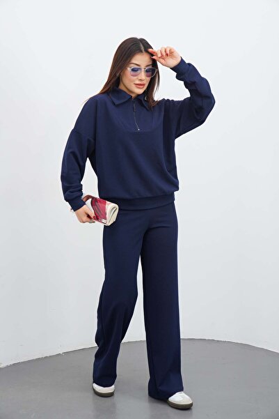 DI LORIA Kadın Lacivert Renk Eşofman Takım Oversize Fermuarlı Sweatshirt Pant...