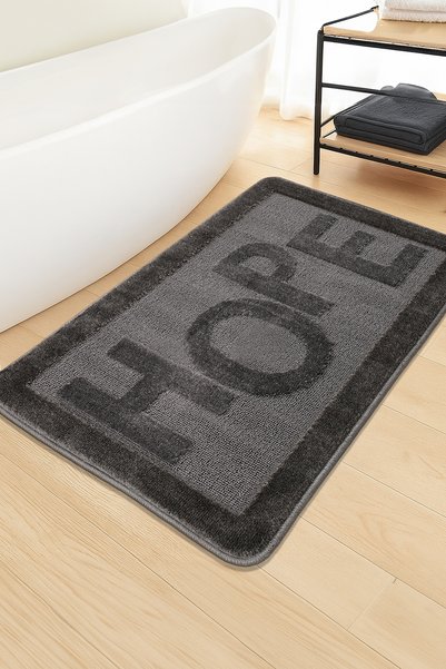 Konfor Halı Anthracite Non-Slip Base Bathroom Mat Long Lasting Soft Water Absorbent Washable Hope 60X100