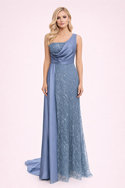 Hüseyin Baştürk Tek Omuz İşlemeli Yaka Detayı Saten Balık Abiye