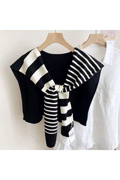 ElevaGlam Yeni Stil Triko Omuz Şalı Siyah Beyaz Desenli