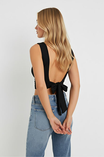 Sienza Women's Black Crop Blouse with Back Ties