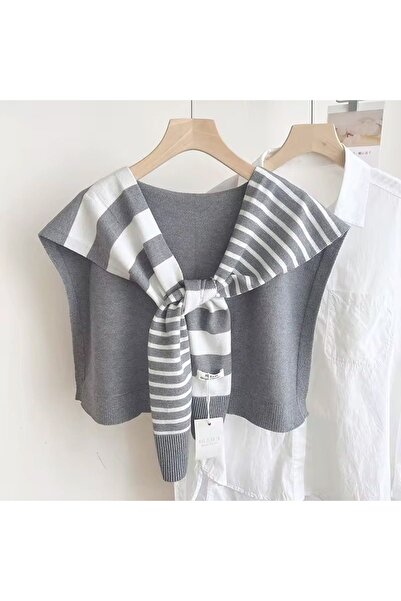 ElevaGlam Yeni Stil Triko Omuz Şalı Gri Beyaz Desenli