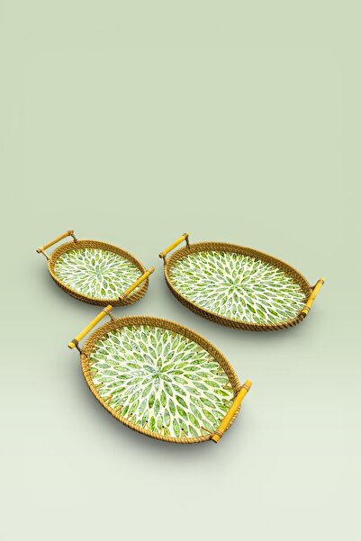 Evsun Home Collection 3-Piece Pearlescent Glass Rattan Tray Brown 34X23Cm 30X...