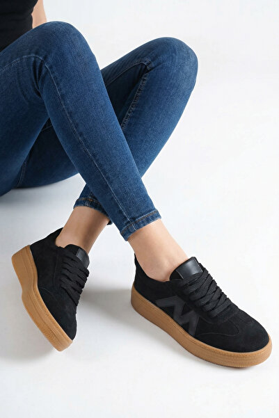 Bak Store Black Suede Lace-Up Flat Sole Women's Sports Shoes Sneaker