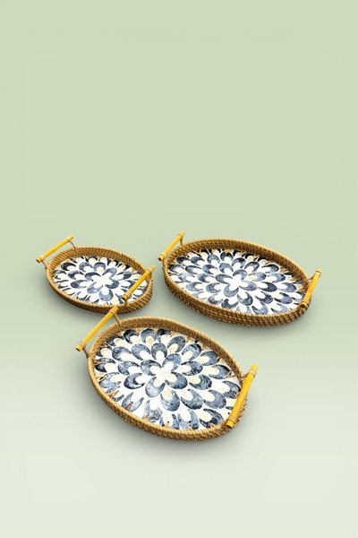 Evsun Home Collection 3-Piece Pearlescent Glass Rattan Tray Brown 34X23Cm 30X...