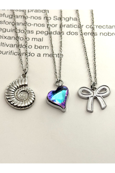 roshel 3-Piece Steel Necklace Set Hologram Snail-Heart-Bow Valentine's Day Mo...