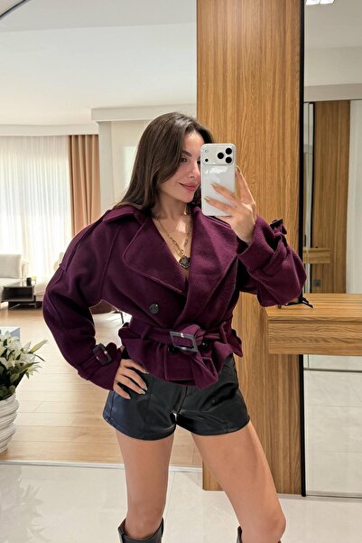 NVFashion Kemerli Crop Kaşe Mont