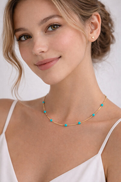 SE Jewellery Collection Selin Ersoy Gold Zincir Turkuaz Boncuklu Kolye