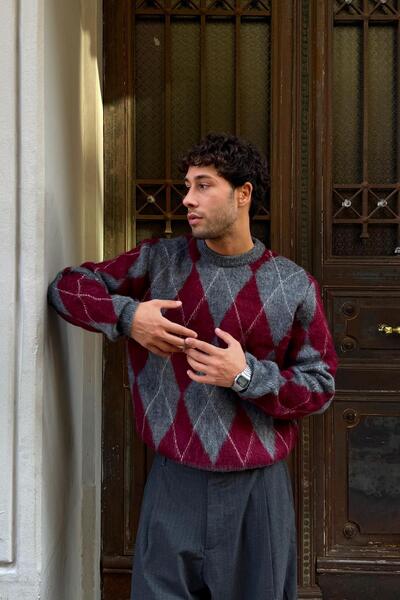 Flaw Wear Πλεκτό πουλόβερ με σχέδιο μπακλαβά διαμάντι, χρώμα μπορντό