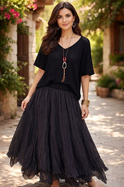 AGORATEKSTİL Women's Cotton Lined Skirt and Mercerized Blouse Combination wit...