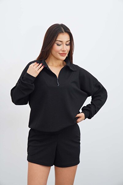 DI LORIA Set of 2 Women's Black Oversized Zippered Sweatshirt Shorts