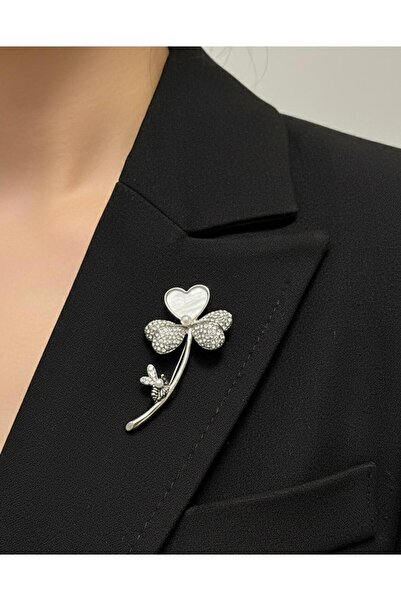 Vira Rise Dört Yapraklı Gümüş Yonca Broş Yaka İğnesi