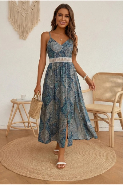 bysoca Women's Blue Shawl Patterned V-Neck Belted Waist Slit Thread Strap Sum...