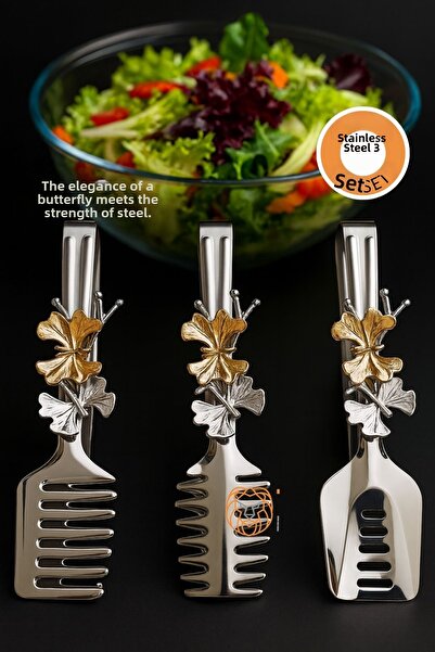 Transformacion Set of 3 Stainless Steel Serving Tongs with Butterfly Design -...