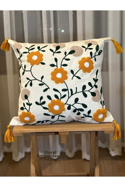 Nari Collections Punch Embroidered Flower Patterned Decorative Tasseled Throw...