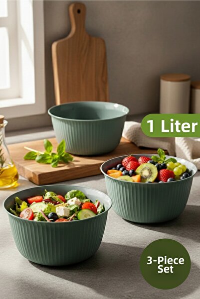 Vienev 3-Piece 1 Liter Plastic Mixing and Storage Bowl Set Green