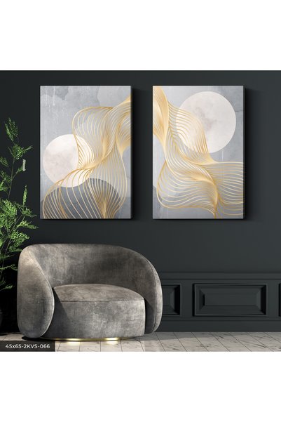 Evinemoda Gold Detailed Waves on Gray Background 2 Piece Canvas - Canvas Pain...