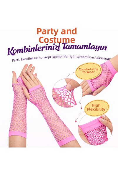 ForWhat Mănuși fără degete din plasă roz neon de 26 cm pentru costum de spect...