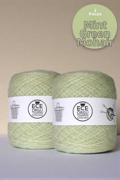 Ece Örgü Tasarım Atölyesi Verde mentă, fir de tricotat moher subțire, cu fibr...
