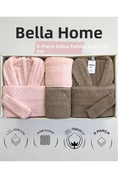 Bella Home 8 Piece Zebra Family Bathrobe Set - 100% Cotton - Original Luxury Box
