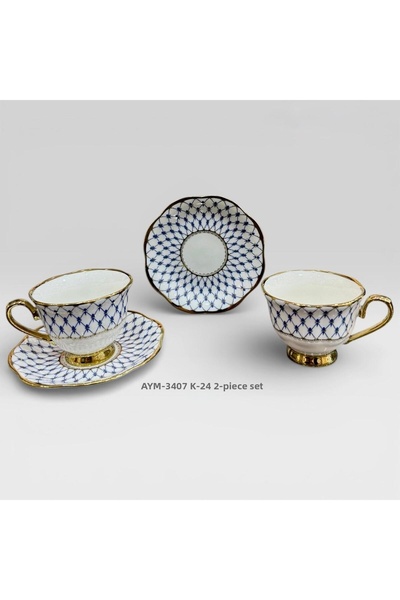 Lunara طقم فناجين أنيق مكون من قطعتين بتفاصيل ذهبية وزرقاء، هدية مميزة للمناس...