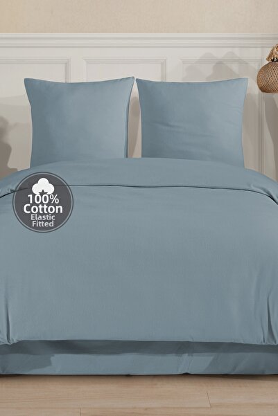 Cote Blanc Plain 100% Cotton Flannel Double Size Fitted Sheet Duvet Cover Set