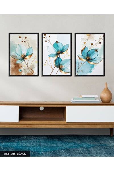 Evinemoda Златна детайлна синя цвете 3-частна картина с дървена рамка ACT